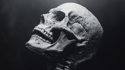 A skull is shown in a black and white photo