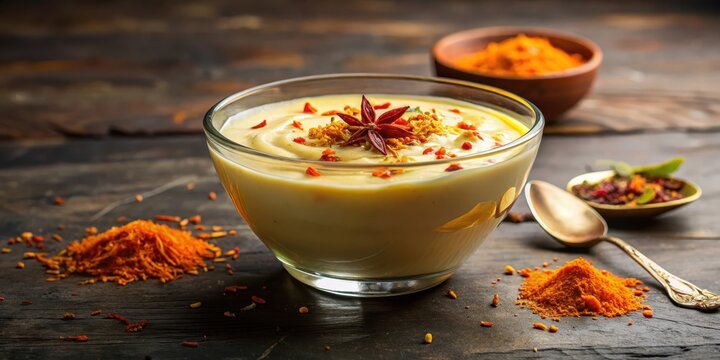 Creamy sweet Rabdi in a glass bowl garnished with kesar and cardamom powder, Condiment, Indian Dessert,  Condiment
