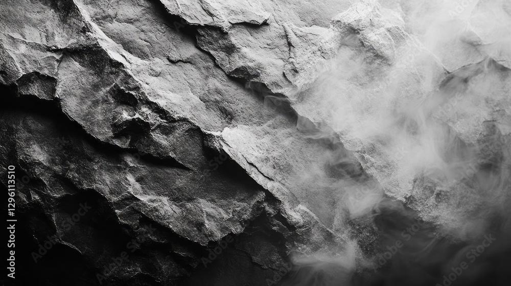 Poster rugged surfaces of dark stone reveal intricate patterns, while soft tendrils of mist weave around, c