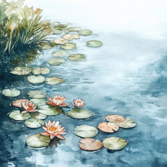 Illustration painted water lilies reflecting on calm pond, serene