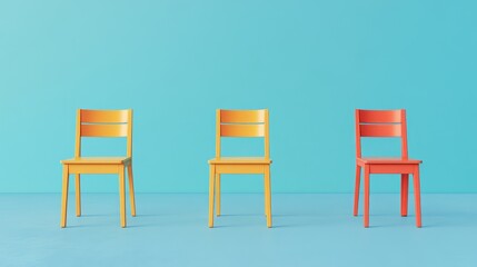 Three chairs are sitting in a row, with one yellow and two red