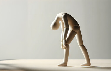 Eine Person Figur vorn&uuml;ber gebeugt vor M&uuml;digkeit, l&auml;sst die Arme h&auml;ngen, heller Hintergrund, copy space