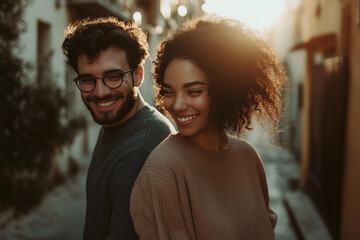 Fototapeta premium Romantic urban couple glowing in golden sunlight, embracing effortlessly in a charming alleyway, illuminated by a bright, dynamic light that creates striking highlights and deep shadows. 