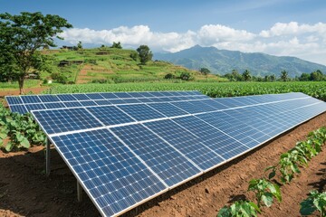 Solar panels in a field with mountains in the background. Renewable energy concept.