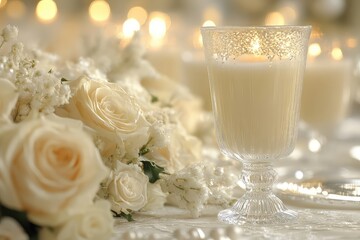 Elegant wedding table setting featuring soft white roses, glowing candles, and romantic ambiance
