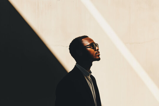 Minimalist portrait of a stylish Black man in sunglasses, illuminated by a bright, dynamic light that creates striking highlights and deep shadows. - Powered by Adobe
