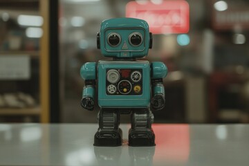 Retro robot figure with vibrant colors stands against blurred ba