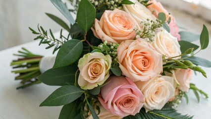 A delicate bouquet of soft-colored roses, elegantly arranged with green foliage, perfect for special occasions or as a beautiful decor piece.