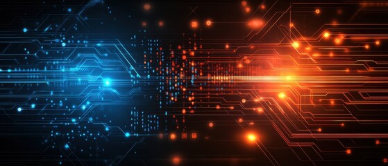 Obraz premium Abstract technology background with blue and orange circuit board pattern, representing data transfer, digital network, and futuristic innovation