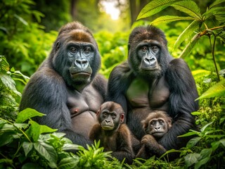 Obraz premium Aerial View: Gorilla Family Resting in Lush Rainforest Canopy