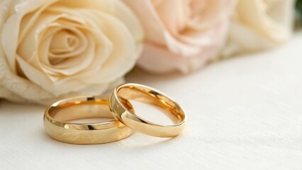 Two golden wedding rings next to soft pink roses on a light background, symbolizing love and commitment in a romantic setting.