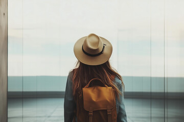 A modern and minimalist travel photograph featuring a young woman seen from behind, walking along a sleek, futuristic walkway in the city.  