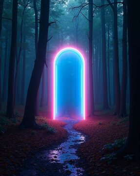 Glowing neon iridescent monolith portal in the woods