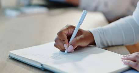 Hands, pen or writing in journal on desk, inspiration or business consultant with agenda notes at...