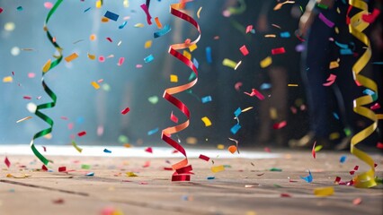 Colorful confetti and streamers fall onto a wooden floor, creating a festive atmosphere in a vibrant celebration setting.