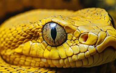 Fototapeta premium Close-up of the eye and skin texture of an entire yellow-haired snake, macro photography. 