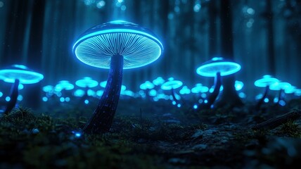 Fototapeta premium Futuristic luminescent mushrooms forming a neon cybernetic fairy circle, glowing bioluminescent digital nature