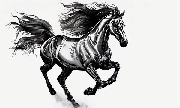 video of lineart drawing of galloping horse with flowing mane isolated on white background as symbol of 2026