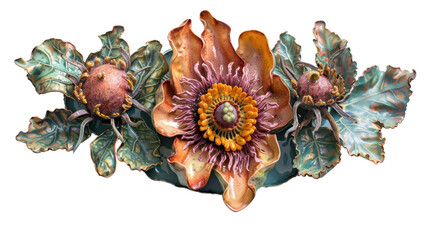 Ceramic flower decoration with green leaves and buds on transparent background