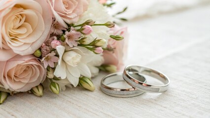 Elegant wedding rings beside a bouquet of soft pink and white flowers on a light wooden surface, symbolizing love and commitment.