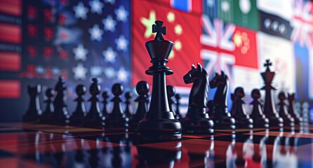 Global geopolitical tensions symbolized by chess pieces positioned strategically on board with multilayered national flag backdrop