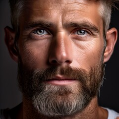 Fototapeta premium man’s face showcasing a well-groomed, scruffy beard and intense, confident eyes. His expression is calm yet strong, with soft lighting highlighting the texture of his skin and facial hair.