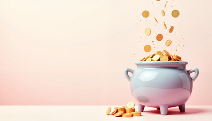Minimalist pastel cauldron with falling gold coins on soft background