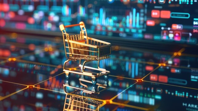Miniature shopping cart resting on digital touchscreen displaying stock market graph, symbolizing digital trading platform