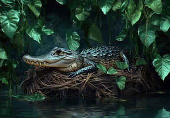 Majestic Alligator Resting on a Nest Surrounded by Lush Green Foliage in a Tranquil Swamp Environment