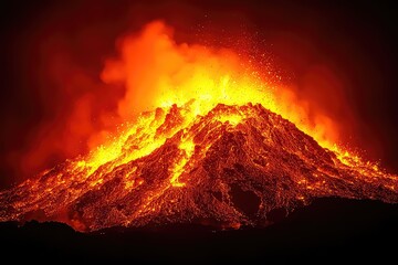 Erupting Volcano at Night with Lava Flowing Down the Sides and Fiery Ash Clouds in Background