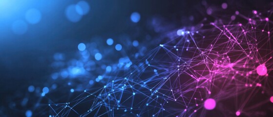 Abstract network background with glowing nodes and lines in blue and pink, representing connection, technology, and futuristic communication
