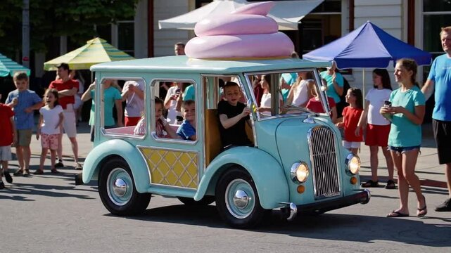 The Ice Cream Dream Machine: A whimsical ice cream truck, topped with a giant swirl of pink ice cream, charmingly makes its way, bringing joy and treats to eager children, captured during a vibrant.