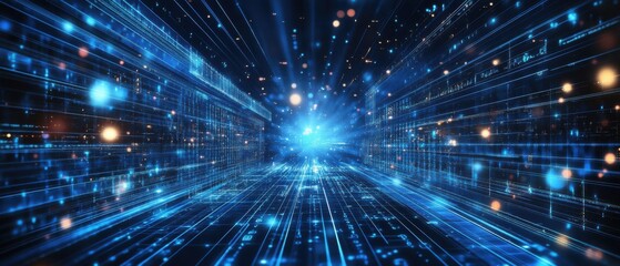 Obraz premium Futuristic blue digital city with glowing data streams and network connections Concept of big data, artificial intelligence, and cyberspace