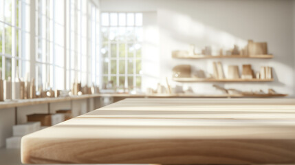 Obraz premium A wooden table in a bright and airy workshop with sunlight streaming in. Ideal for design, workspace, or product presentation concepts.