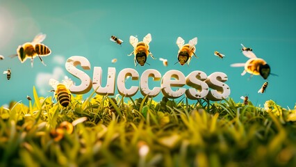 Bees Flying Around Word Success Written on Grass under sunlight