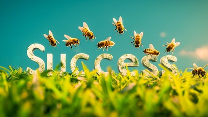 Bees Flying Around Word Success Written Top of the Grass