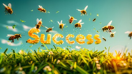 Success Written in Honey, Bees Flying Over Green Grass and a Blue Sky