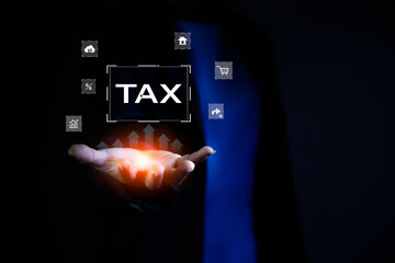 tax concept, Businessman pointing to tax icon and there are spending icons around it instead, investment returns, income, retirement Compensation fund, investment, dividend tax.