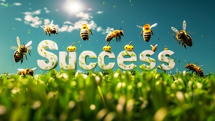 Word Success is written in white on lush green grass against a clear blue sky, with bees flying around