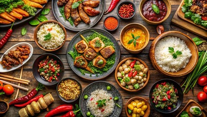 Fototapeta premium Aerial View of Delicious Rice and Meat Dishes - Top-Down Drone Shot