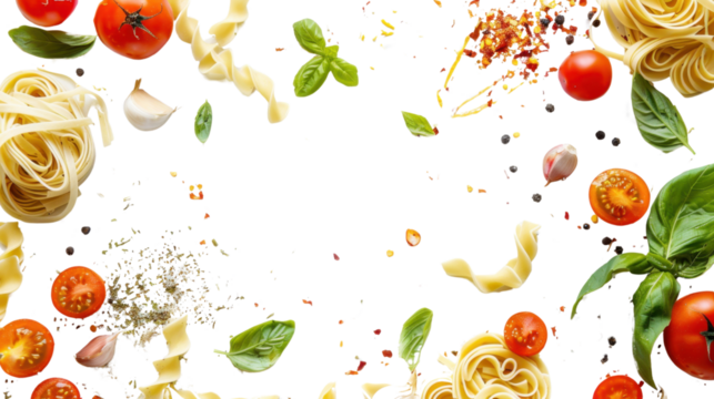 Italian food background with pasta, tomato, garlic and basil on transparent background