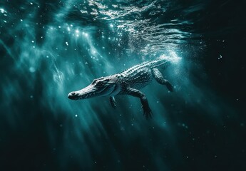 Fototapeta premium Majestic Alligator Swimming Gracefully in Clear Blue Waters Under Sunlight with Bubbles and Light Rays Creating a Dreamy Underwater Scene
