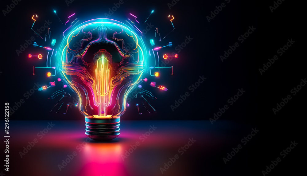 Poster vibrant neon light bulb shaped like a brain emits a bright glow. circuit board elements surround it 