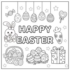 Cute Happy Easter coloring book page with Easter bunny and eggs.