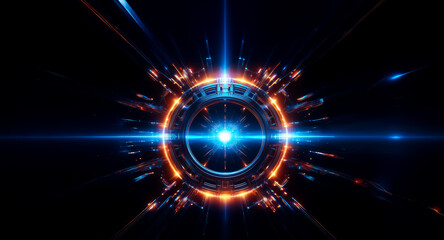 Vibrant abstract circle glows with blue center and orange edges, radiating light beams on a dark backdrop. It evokes energy, technology, and futuristic concepts.