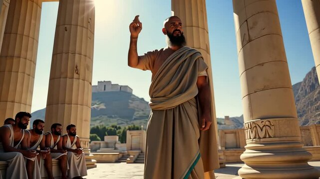 An ancient Greek philosopher sharing wisdom with his students