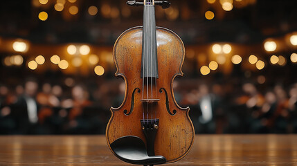 Fototapeta premium A finely crafted wooden violin stands prominently on stage, illuminated by soft lights. An orchestra is blurred in the background, creating a warm ambiance during a live performance.