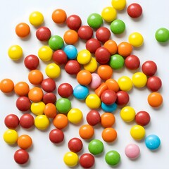 Fototapeta premium Caramelos de colores esparcidos sobre un fondo blanco minimalista