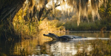 Fototapeta premium Majestic Alligator Swimming Through Calm Waters Under the Warm Glow of Sunset with Lush Vegetation in Background