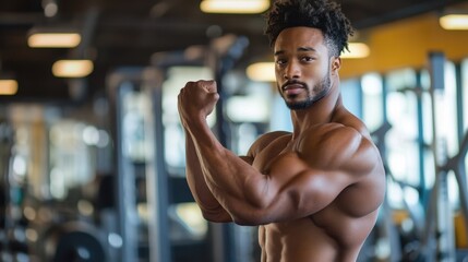 A sculpted physique, adorned in sportswear, flexes muscles as he performs a bicep curl at a gym, his determined expression radiating strength and dedication.